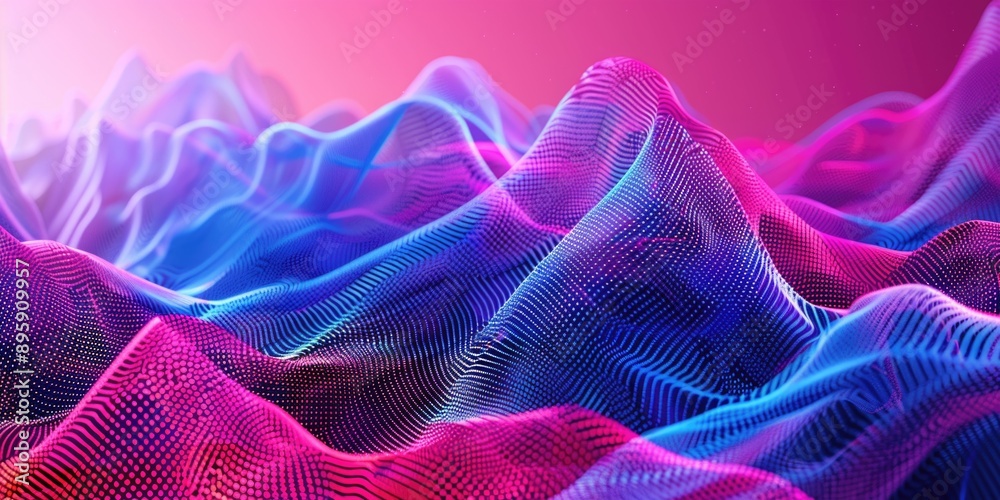 Obraz premium Abstract digital artwork featuring neon lights and mountainous terrain. Vivid hues of cyan and pink set against a dark background with dynamic patterns.