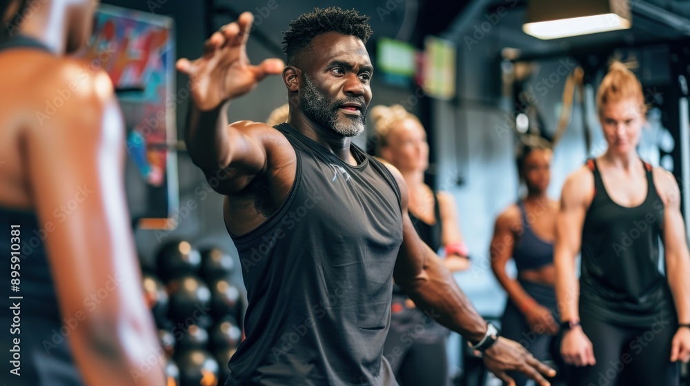 Motivated Fitness Trainer Leading Exercise Class at Modern Gym