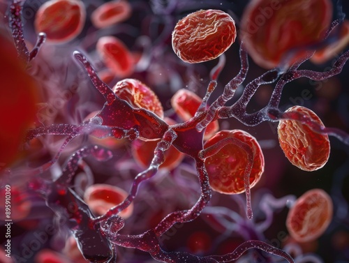 Microscopic view of blood cells, red corpuscles and microcirculation system