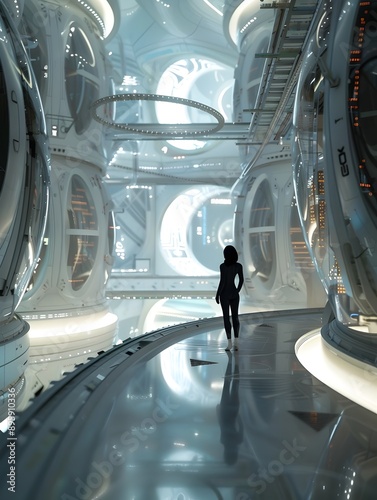 Fototapeta Naklejka Na Ścianę i Meble -  Lifelike time warp in a futuristic space station with a silhouetted figure exploring the ethereal and technologically advanced interior 