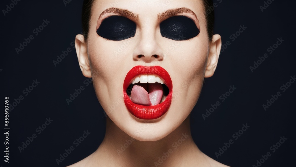 A woman with black lipstick and red eyes sticking out her tongue, AI A woman with black lipstick and red eyes sticking out her tongue, AI