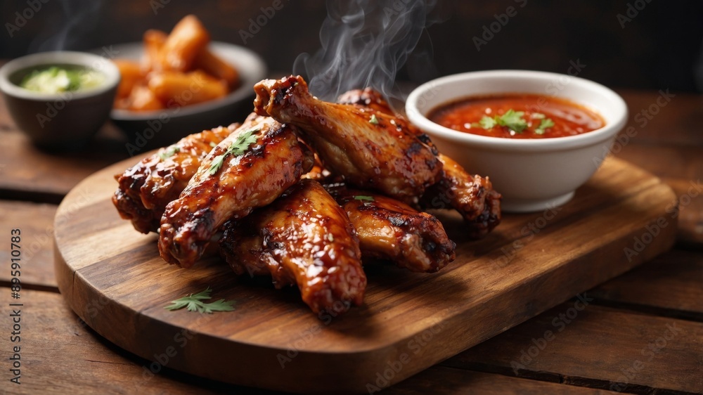 Copy Space image of Grilled chicken wings with sauces on a wooden board Traditional baked bbq buffalo wing on bokeh background. Copy Space image of Grilled chicken wings with sauces on a wooden board Traditional baked bbq buffalo wing on bokeh background.