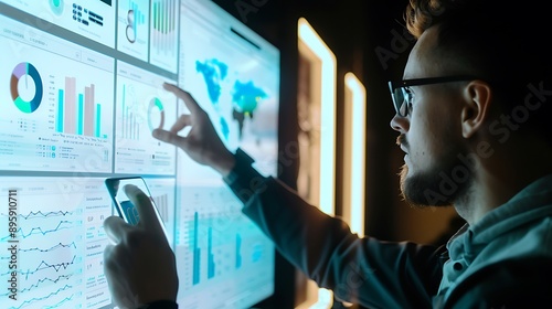 A software developer showcasing an innovative app prototype on a large screen to investors with detailed charts and diagrams illustrating the features of the new digital project without using colons
