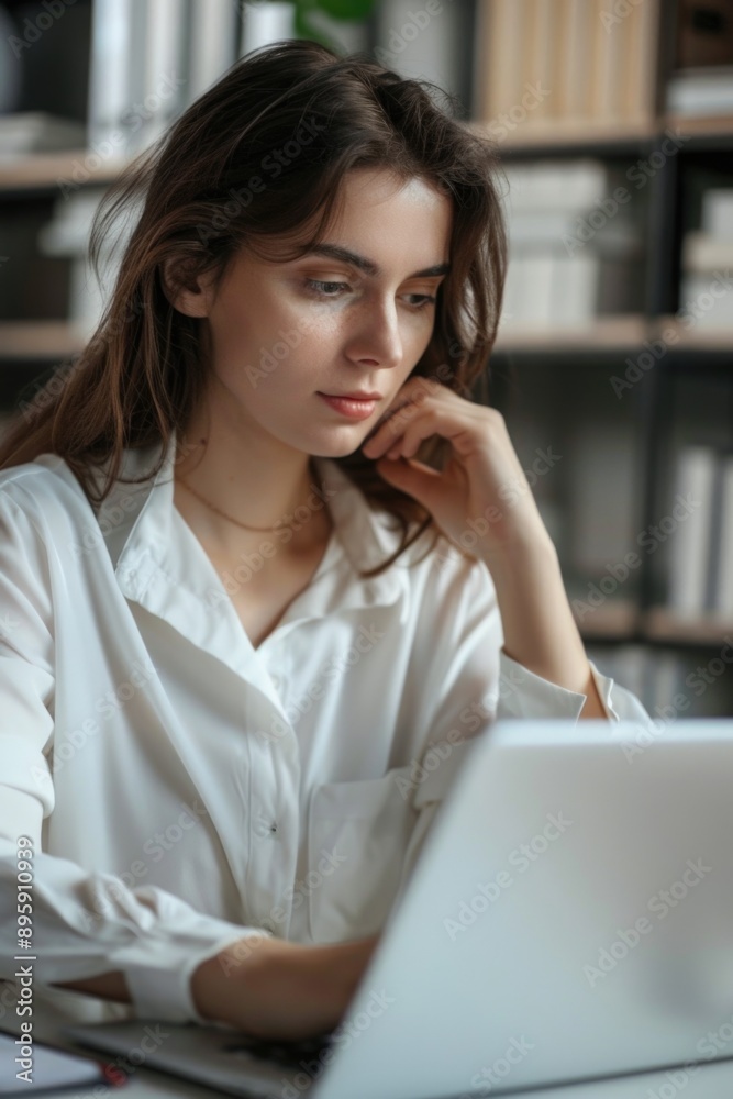 A woman focused on her work on a laptop, in an office environment. A woman focused on her work on a laptop, in an office environment.