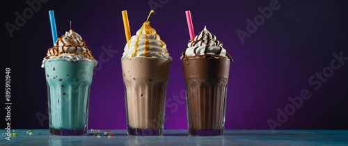 Different delicious freak shakes on color background. photo