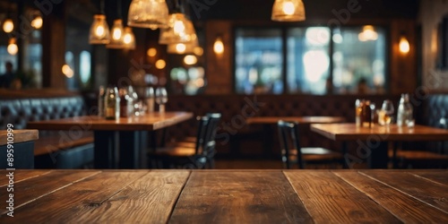 Empty Wooden Table on Blurred Restaurant Background - Top Table View with Copy Space.