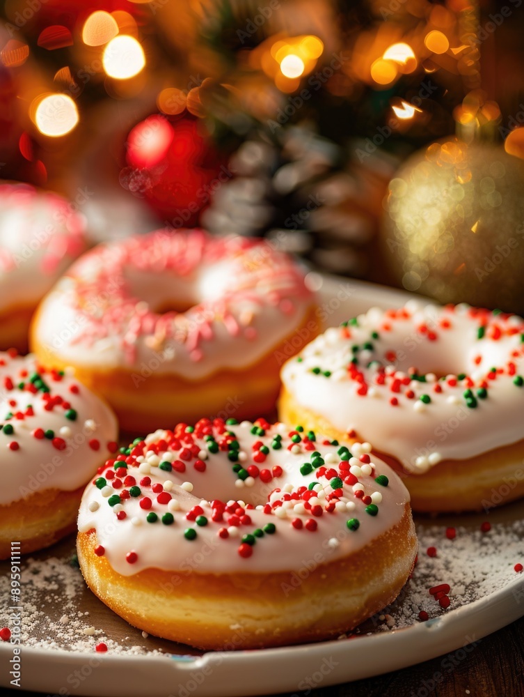 A festive assortment of sugar donuts featuring a holiday theme with sprinkles and adorned to resemble Santa hats, perfect for Christmas celebrations.