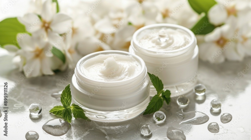 Two jars of facial cream and moisturizer, each containing a natural hydrating formula. Two jars of facial cream and moisturizer, each containing a natural hydrating formula.