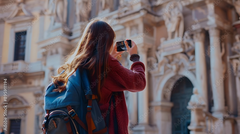 Fototapeta premium Candid at a Tourist Attraction: A woman taking photos at a famous tourist attraction, capturing memories of her trip. 