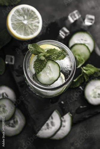 Jar of ice water with lemon slices and mint sprigs, refreshing summer drink.