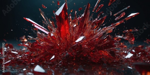 Explosion of red glass and crystal shards Breaking glass falling, futuristic abstracts background reddish glow. photo