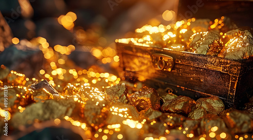 A treasure chest full of gold, glowing with a golden light,surrounded by many large and small pieces of golden nuggets scattered on the ground,blurred gold mine background.