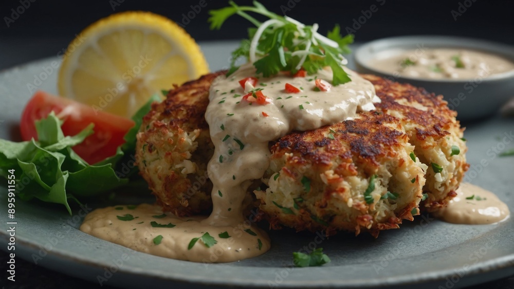 Crab cakes with remoulade sauce, fresh foods in minimal style. Crab cakes with remoulade sauce, fresh foods in minimal style.