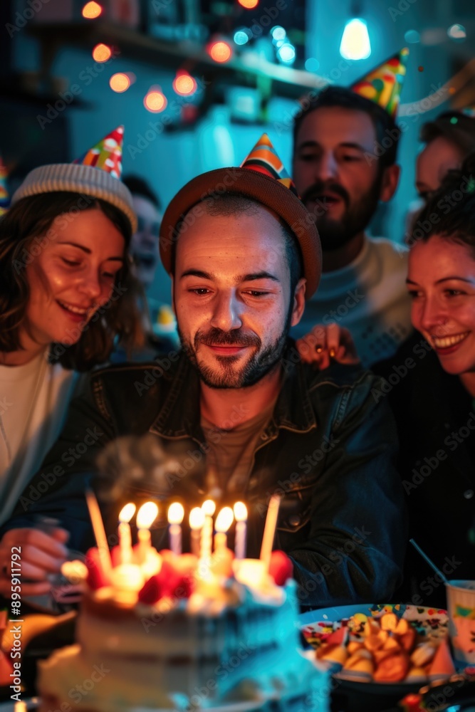 Group of people celebrating a birthday party, gathered around man with cake in front of him.