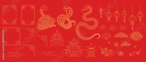 Chinese New Year 2025 set with a red background with a lot of different gold shapes and symbols