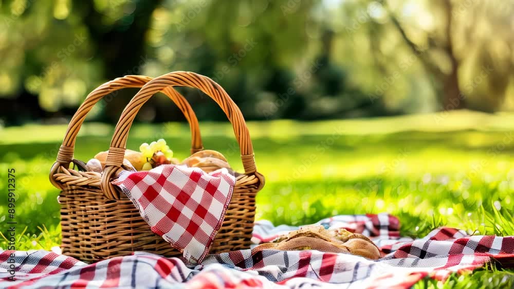 Picnic basket with red and white checkered cloth on grass, sunlit outdoors Picnic basket with red and white checkered cloth on grass, sunlit outdoors