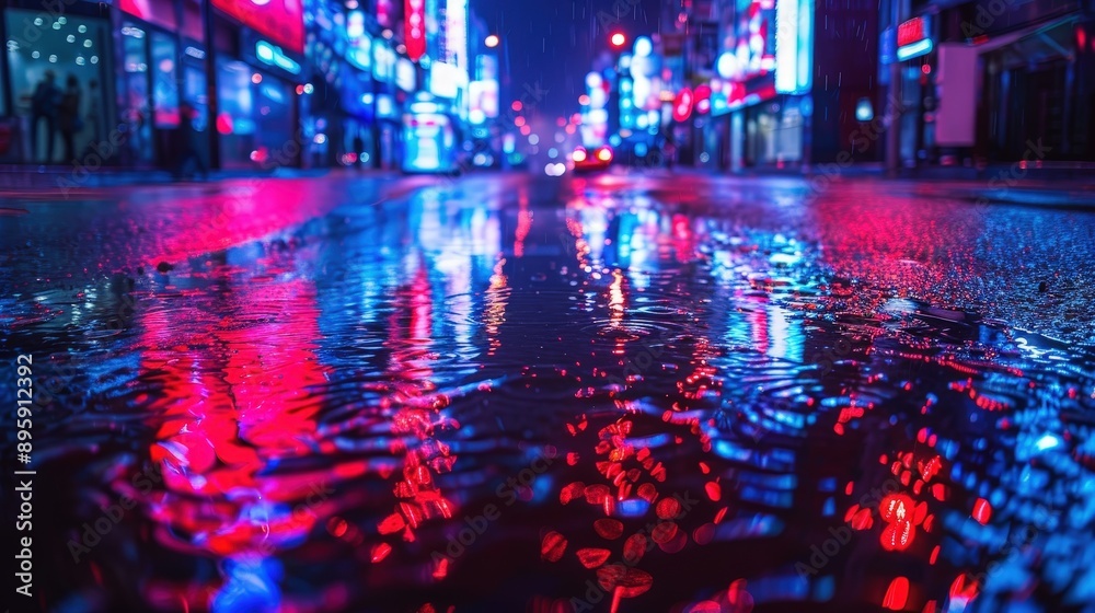 Fototapeta premium Vibrant Neon Lights Reflecting in Wet City Streets at Night