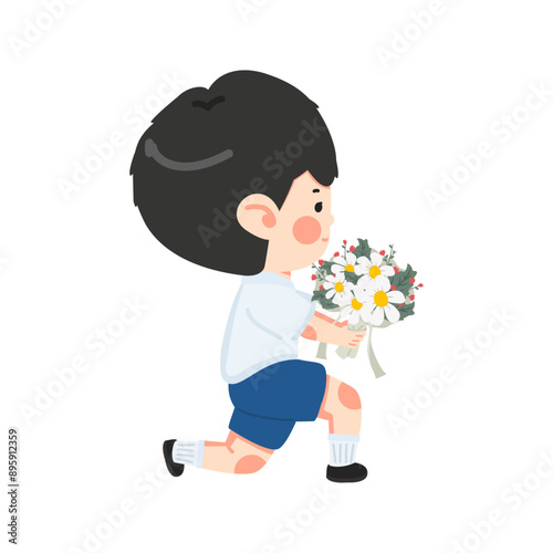 Boy kneels with flowers in hand