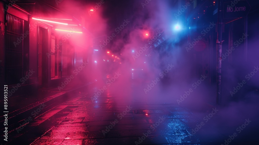 Moody Neon Alley at Night with Atmospheric Fog Moody Neon Alley at Night with Atmospheric Fog