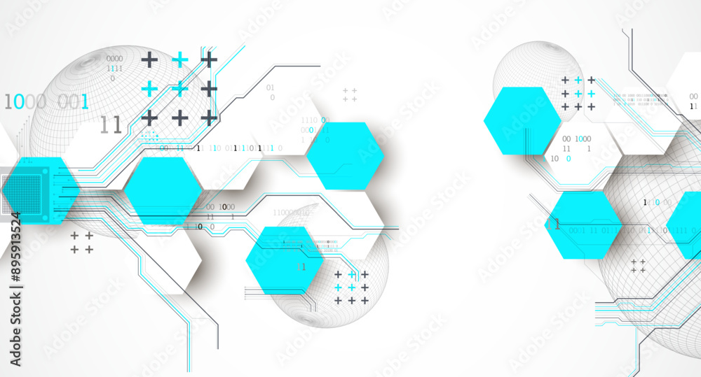 Abstract circuit board background with hexagons and sphere. Hi-tech digital technology concept. Hand drawn vector. Abstract circuit board background with hexagons and sphere. Hi-tech digital technology concept. Hand drawn vector.