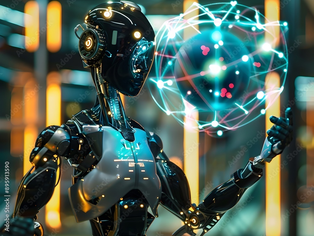 High fidelity quantum states integrated into a real world robotics visualization featuring a futuristic intelligence robot with a glowing holographic sphere representing advanced digital technology High fidelity quantum states integrated into a real world robotics visualization featuring a futuristic intelligence robot with a glowing holographic sphere representing advanced digital technology