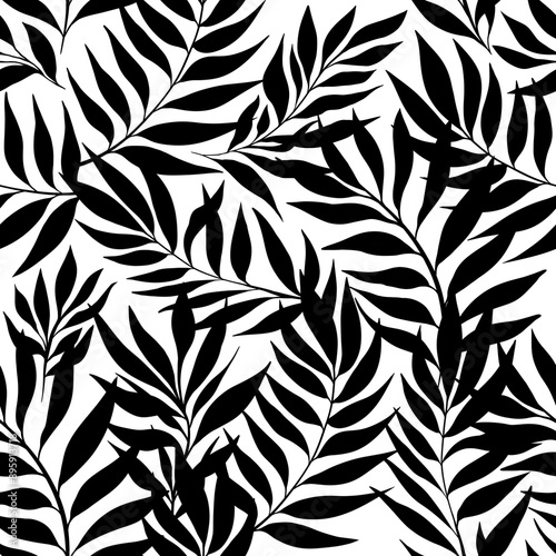 Black and White Tropical Leaves White Silhouettes Modern Trendy Fashion Raster Seamless Pattern