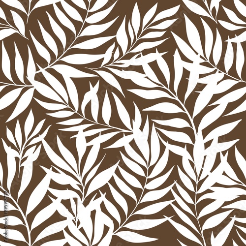 Brown Tropical Leaves White Silhouettes Modern Trendy Fashion Raster Seamless Pattern