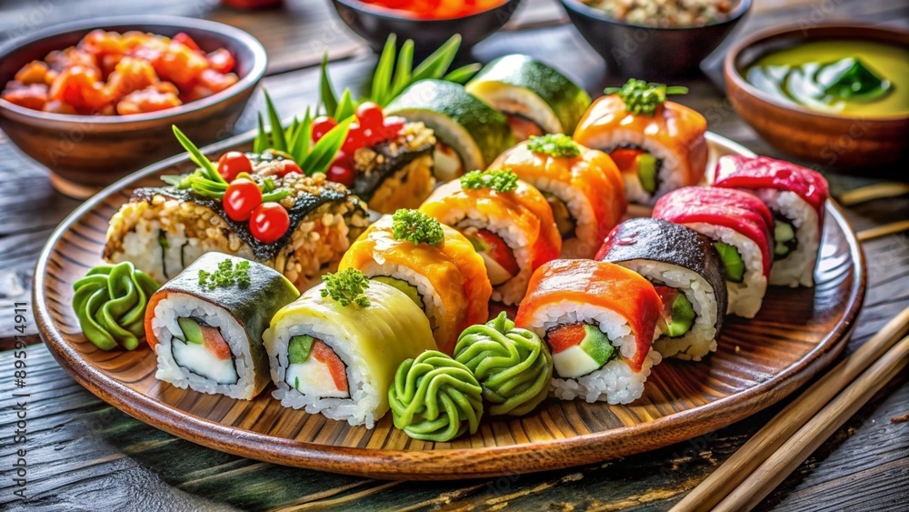Rolls on a beautiful tray, colorful image of table setting, plate, food decoration, food advertisement, beautiful design. High quality image Rolls on a beautiful tray, colorful image of table setting, plate, food decoration, food advertisement, beautiful design. High quality image