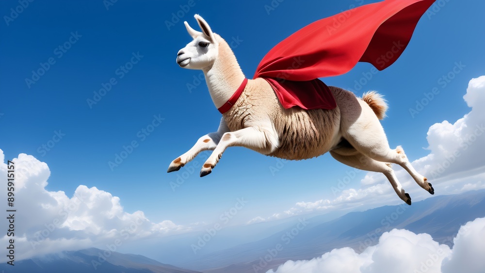 Super Llama wearing red cape flying in the sky, blue skies, sun, landscape,