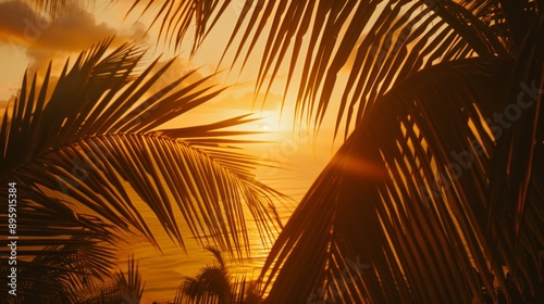 Tropical Sunset Silhouette Through Palm Leaves