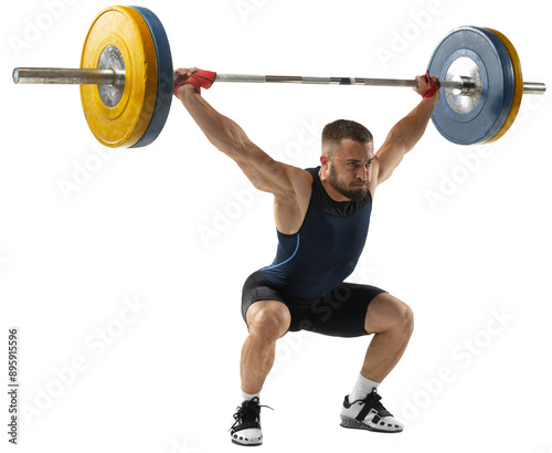 Full length portrait of athletic man in sportswear exercising with weight against transparent background. Man with muscular body, with barbell training at abstract gym. Sport, weightlifting concept photo