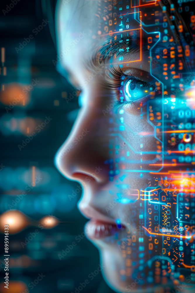 AI cyber security, Futuristic female face with digital data overlay on technology impact, blurred background AI cyber security, Futuristic female face with digital data overlay on technology impact, blurred background