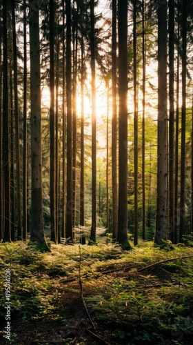 A dirt path winds through a dense pine forest, bathed in warm sunlight. Lush green foliage lines the path, creating a tranquil and inviting atmosphere