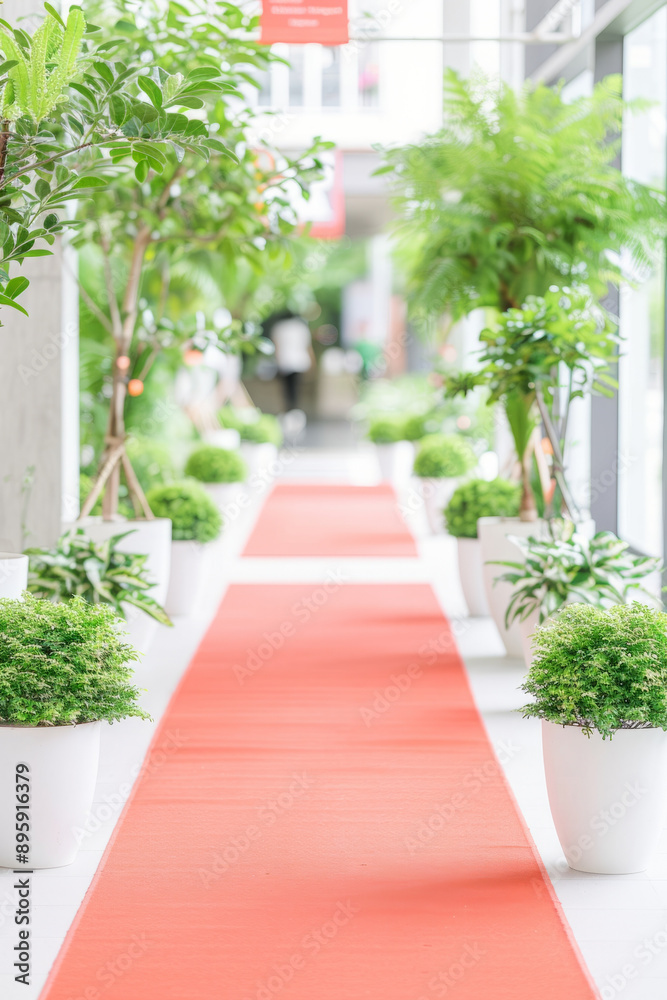 Naklejka premium grand opening decor, Lush red carpet, adorned entrance, potted plants, bright banners create an elegant celebration atmosphere.