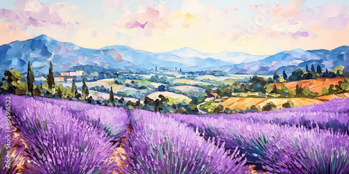 Panoramic view of beautiful lavender field. Printable impasto oil painting