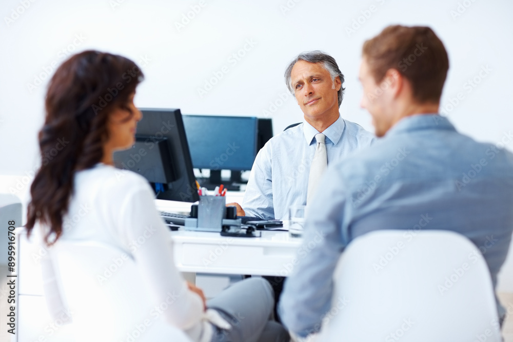 Happy couple, broker and consultation in office for meeting, investment and asset management. Woman, man and professional at agency for mortgage, agreement or life insurance as financial advisor Happy couple, broker and consultation in office for meeting, investment and asset management. Woman, man and professional at agency for mortgage, agreement or life insurance as financial advisor