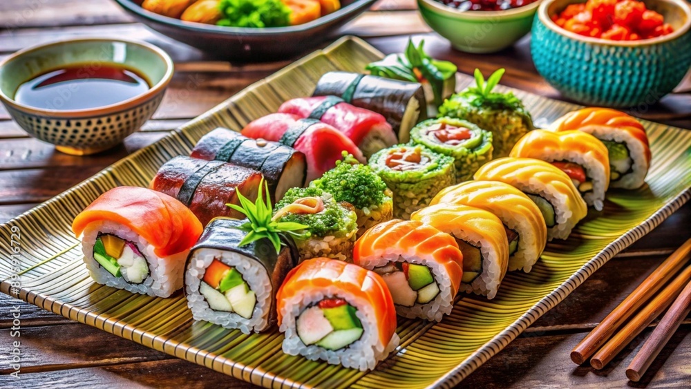 Rolls on a beautiful tray, colorful image of table setting, plate, food decoration, food advertisement, beautiful design. High quality image Rolls on a beautiful tray, colorful image of table setting, plate, food decoration, food advertisement, beautiful design. High quality image