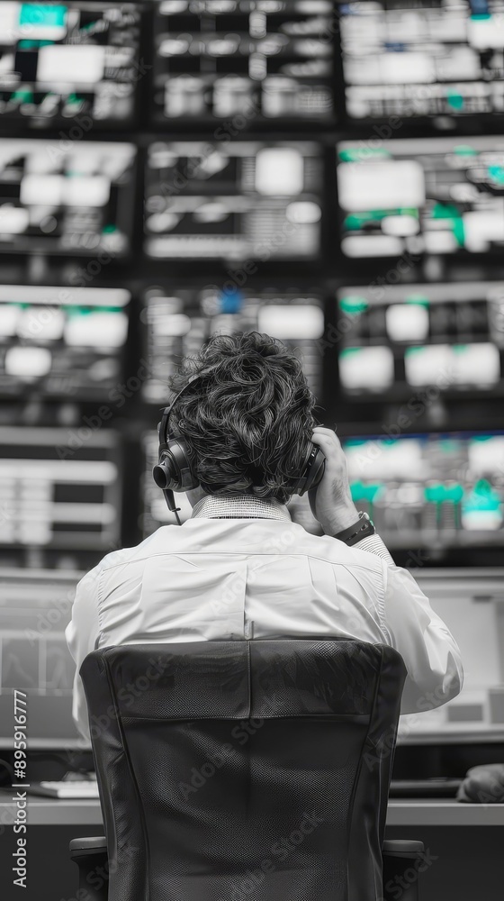 Stockbroker watching multiple screens with plummeting prices, frantic, Black Monday Stockbroker watching multiple screens with plummeting prices, frantic, Black Monday