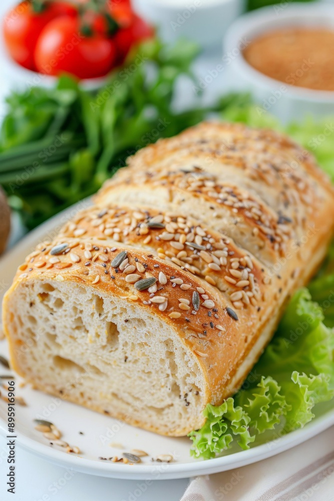 healthy bread, Golden-brown vegan protein bread with sunflower and chia seeds on a white plate with healthy veggies. healthy bread, Golden-brown vegan protein bread with sunflower and chia seeds on a white plate with healthy veggies.
