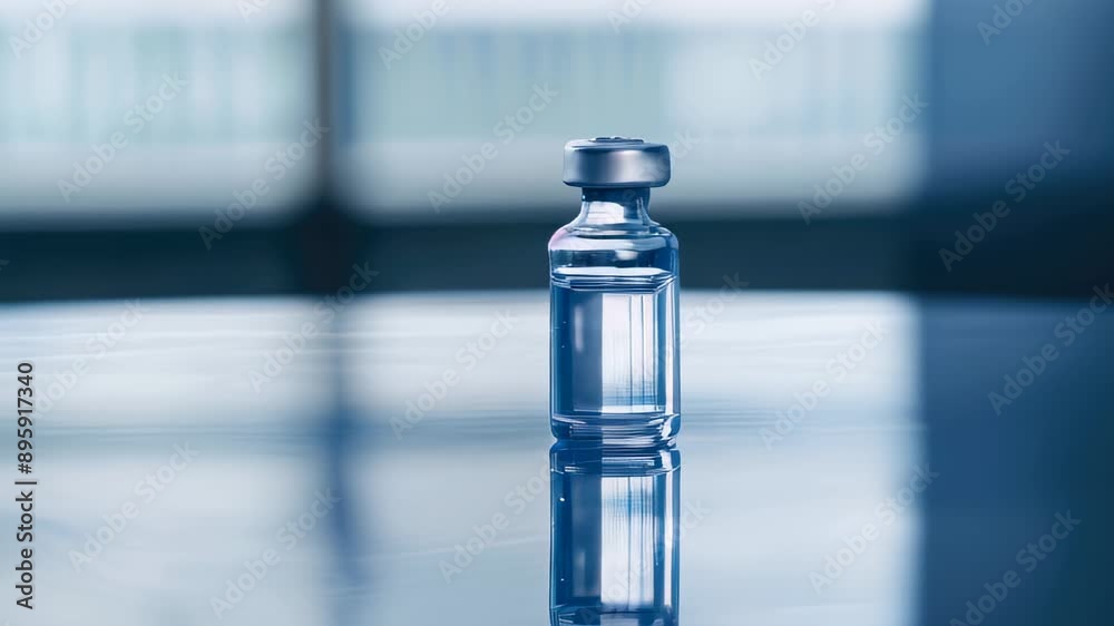 Clear medical vial with liquid on reflective surface Clear medical vial with liquid on reflective surface