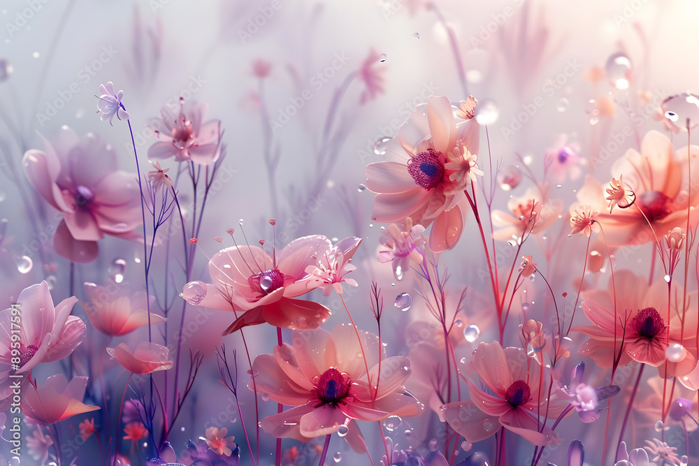 Delicate Pink Flowers with Water Drops Delicate Pink Flowers with Water Drops