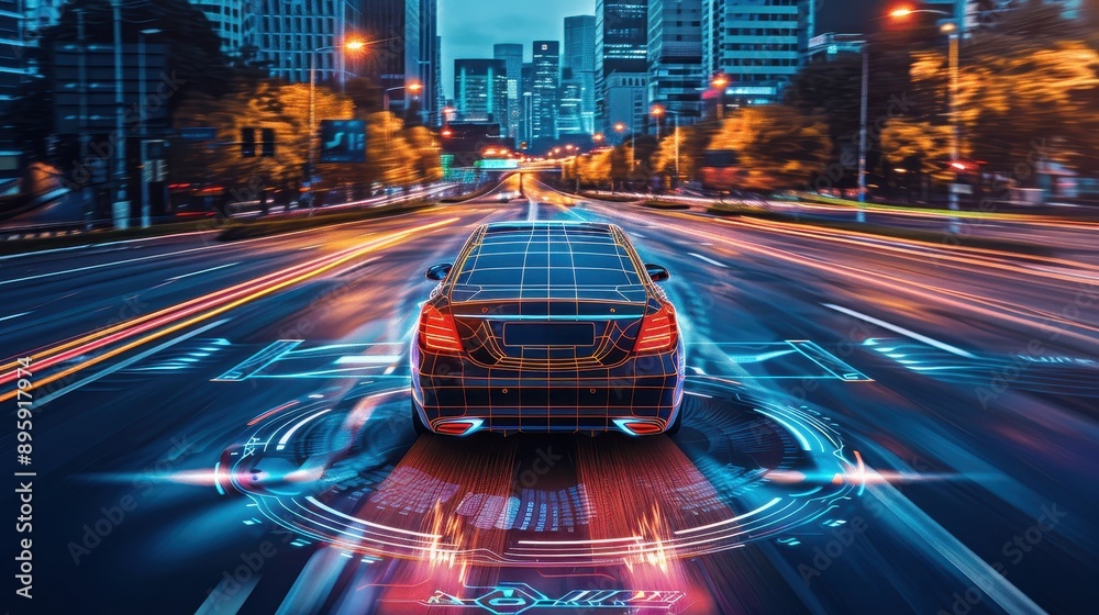 Futuristic Car Driving Through a Modern City at Night with Digital Overlay and Light Trails Futuristic Car Driving Through a Modern City at Night with Digital Overlay and Light Trails