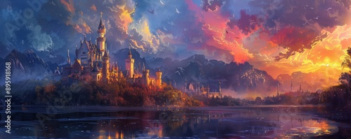 A whimsical fairy tale kingdom filled with castles, knights, and dragons, where magic is around every corner.