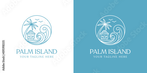 Beach cottage villa resort logo design. The logo features a stylized illustration of a beach villa cottage, with a line art design style.
