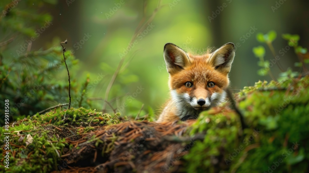 A fluffy fox cub peeking out from its den in a vibrant forest A fluffy fox cub peeking out from its den in a vibrant forest