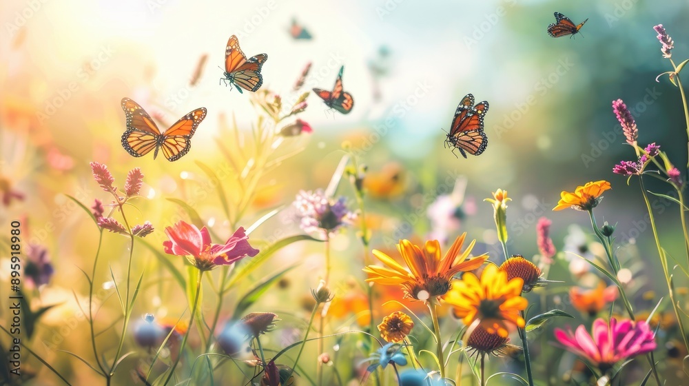 Blooming flower field with butterflies and bees pollinating