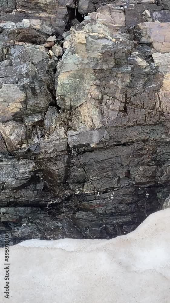 Eau qui ruisselle au milieu des rochers, dans un glacier avec la neige qui fond 