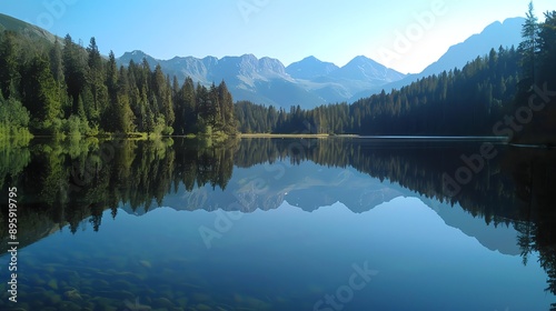 Serene lake surrounded by majestic mountains and lush forests, offering a peaceful reflection in crystal-clear water.