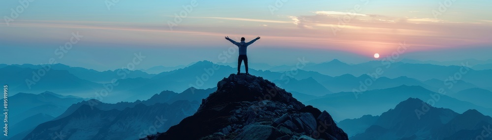Adventurous Hiker Standing on Mountain Peak at Sunrise with Stunning Panoramic View of Misty Mountains Adventurous Hiker Standing on Mountain Peak at Sunrise with Stunning Panoramic View of Misty Mountains
