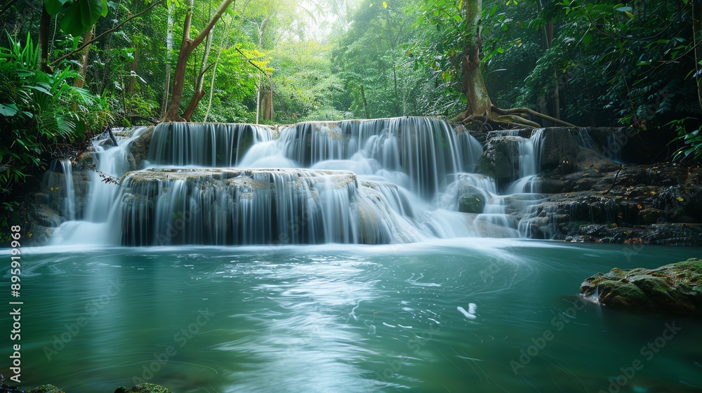 Tranquil waterfall cascading over rocks, surrounded by lush greenery, creating a serene natural oasis in the heart of a forest. Tranquil waterfall cascading over rocks, surrounded by lush greenery, creating a serene natural oasis in the heart of a forest.